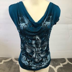 Avalon Shirt Womens Small Drape Neck Fleur De Lis Embellished Lace Back Rouche